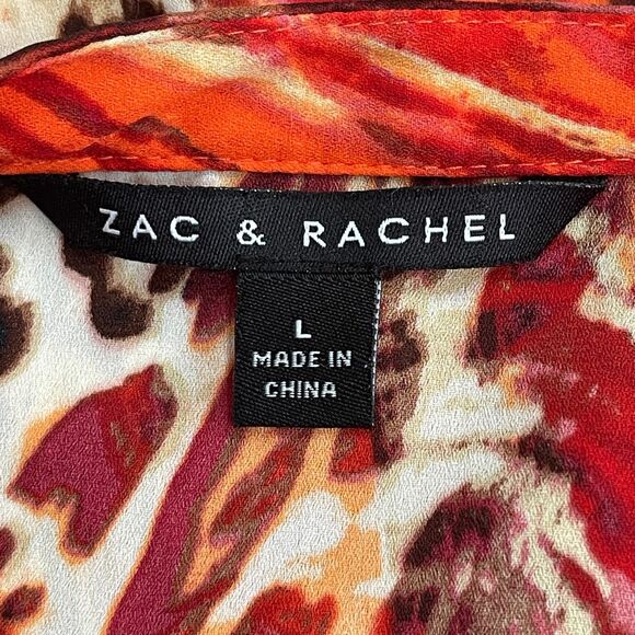 Zac & Rachel Womens Asymmetirical Top Large Red Orange Brown Beige Animal Print - Picture 7 of 9